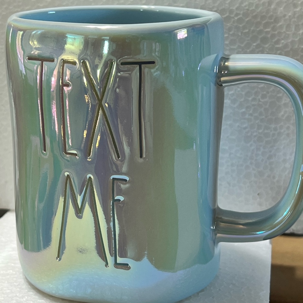 Rae Dunn “Text me” blue iridescent mug